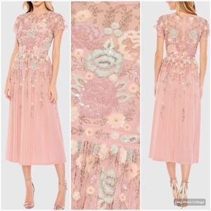 MAC DUGGAL 9134 Womens Embellished High Neck Butterfly Sleeve Midi Dress